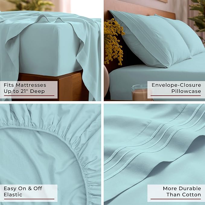 Mellanni Queen Sheet Set - 6-Piece Iconic Collection Bedding, (Including 4 Pillowcases), 21-Inch Extra Deep Pocket, Easy Care, Ultra Soft, Cooling Sheets, Brushed Microfiber - Aqua