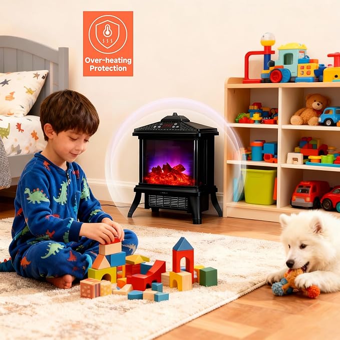 18-inch Freestanding Electric Fireplace, Equipped with 1500W/1650W Electric Wood Fireplace Flame Effect, Featuring Realistic Flames, 3-Second Quick Heating, Remote Control, and Adjustable Lighting