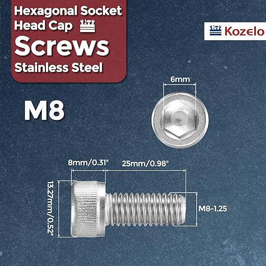 Kozelo 25pcs Socket Head Cap Screws - [M8-1.25 x 25mm] 304 Stainless Steel Allen Socket Drive for Electrical Motor 3D Printing Fan Engine Replacement Use, Silver