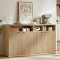 LEYAOYAO Fluted Buffet Cabinet with Storage, 55" Wide Wood Sideboard Credenza with 4 Doors & Open Storage Shelf, Kitchen Entryway Accent Table, Modern Console Cabinets for Dining Room, Natural Oak