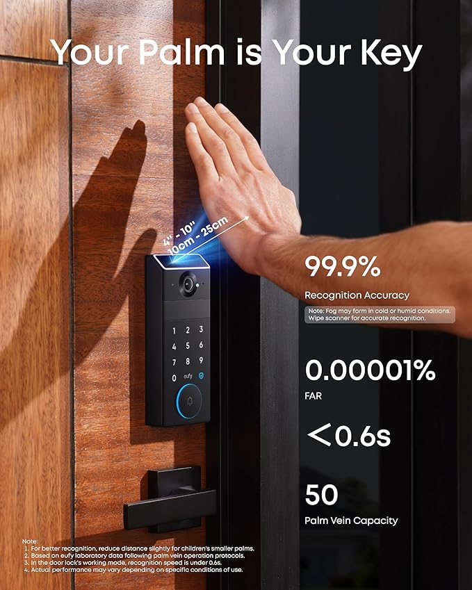 eufy FamiLock S3 Max Smart Lock with Palm Vein Recognition - Keyless Entry Door Lock for Front Door, 3-in-1 Wi-Fi Keypad Deadbolt+ 2K HDR Camera+ Doorbell, ANSI/BHMA Grade 1, Rear Lock Video Screen
