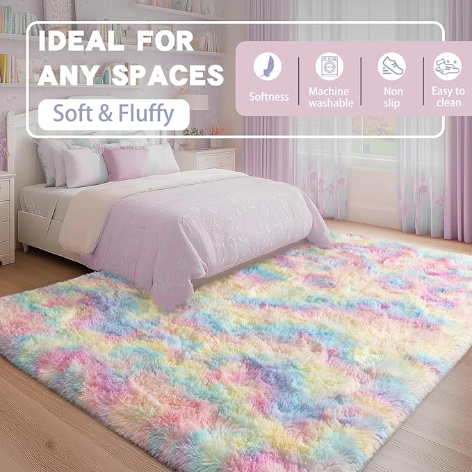Fluffy Colorful Rainbow Rug 5 x 7, Plush Area Rugs for Bedroom Living Room, Large Fuzzy Carpet for Girls Kids Nursery Room Dorm, Non-Slip & Soft Shag Rug for Home Decor