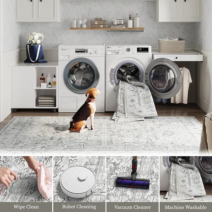 jinchan Lima Hallway Runner Rug 3x8 Washable - Vintage Floral Non Slip Low-Pile Soft Ultra-Thin Faux Wool Kitchen Rug Distressed Carpet Runner for Farmhouse Bedroom Laundry (3x8ft, Grey)