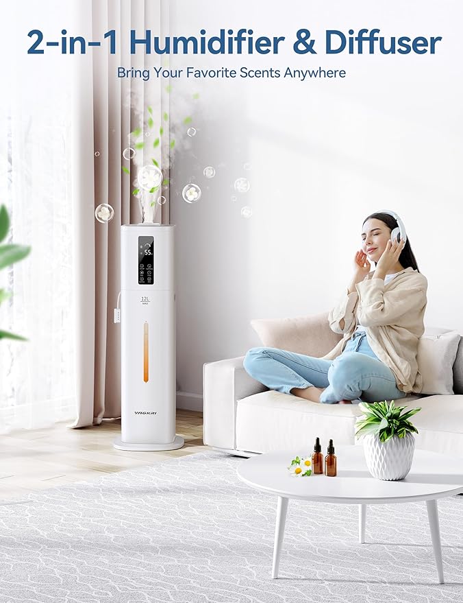 VAGKRI 12L Large Room Humidifier, 120H Long Lasting Cool Mist, 3 Mist Levels, Auto Humidity Adjustment, Top Fill Design with Essential Oil Tray for Bedroom, Home, Plants, Baby