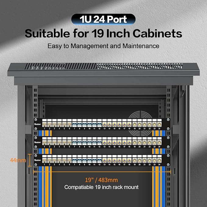 PBAEGAV 24 Port Patch Panel Blank UTP/STP 1U 19" Keystone Patch Panel with Cable Management and Support Bar Compatible with LC/SC/ST/FC/USB/HDMI Keystone Jack(24 Port StyleB)