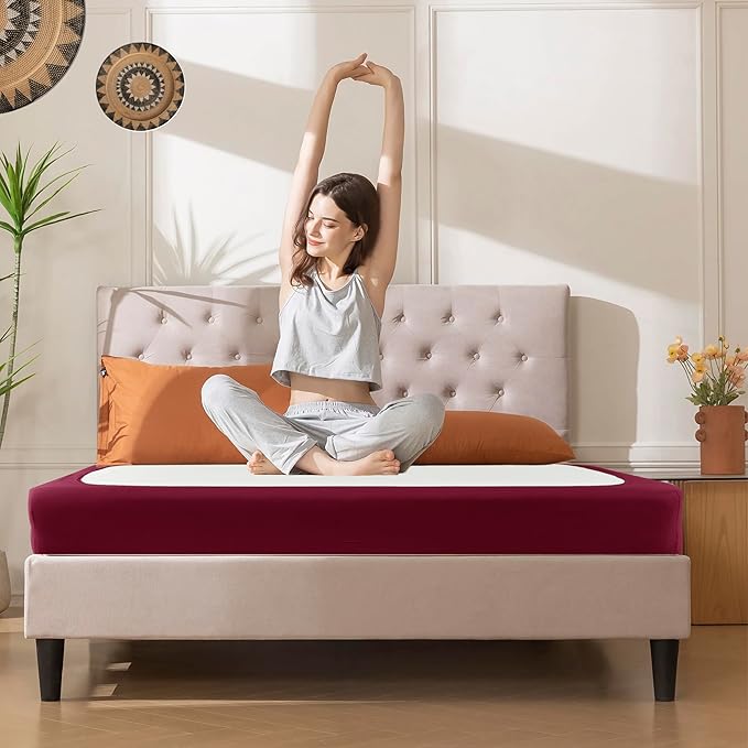 Biscaynebay Decorative Box Spring Cover Full & Full XL Size, Burgundy Luxurious Jersey Knitting Stretchy Wrap Around 4 Sides Bed Skirt for Home/Hotels, Easy Fit Wrinkle & Fade Free Machine Washable