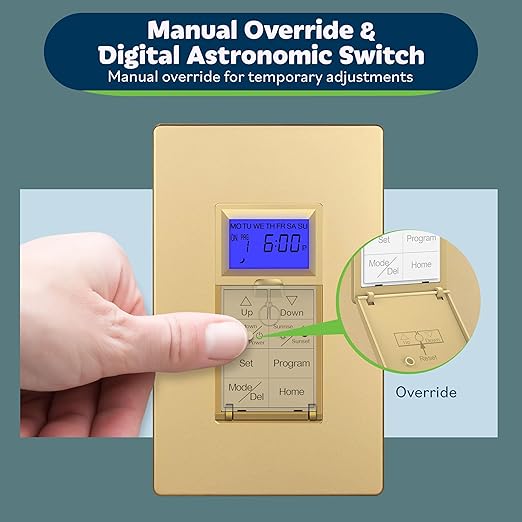 TOPGREENER Digital Astronomic Timer Switch, 7-Day Programmable Sunrise Sunset Timer for Lights, Fans, & Motors, Single-Pole or 3-Way, Neutral Wire Required, UL Listed, TGT01-HN-GD, Gold