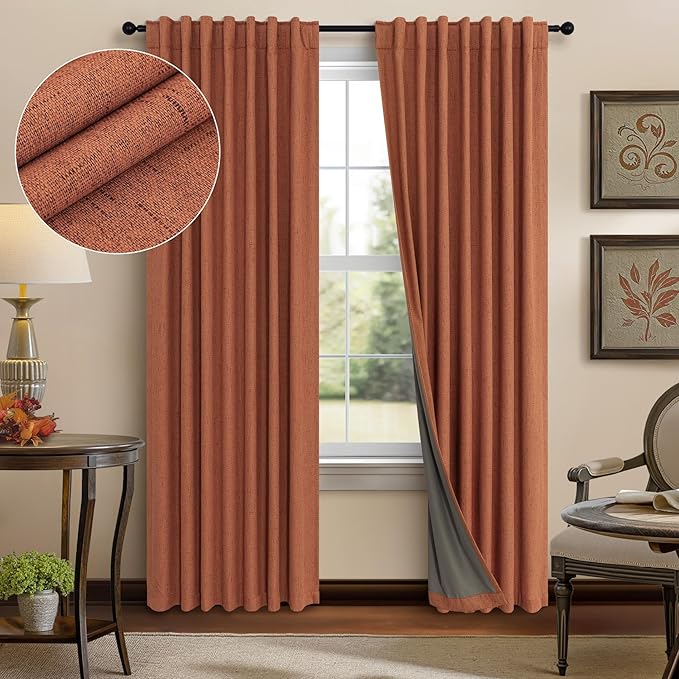 Pitalk Terracotta Blackout Curtains for Nursery 63 Inch Length 2 Panel Autumn Fall Decoration Linen Boho Western Curtain for Bedroom Window Room Darkening Rust Curtains for Living Room Dining MCM