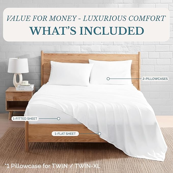 Casa Platino Twin Sheets Set, 100% Brushed Microfiber Pre-Washed Twin Sheet Set, 3 Piece Set, Soft & Cozy Cooling Bedding, Fade-Resistant, 15-Inch Deep Pocket White Bed Sheets