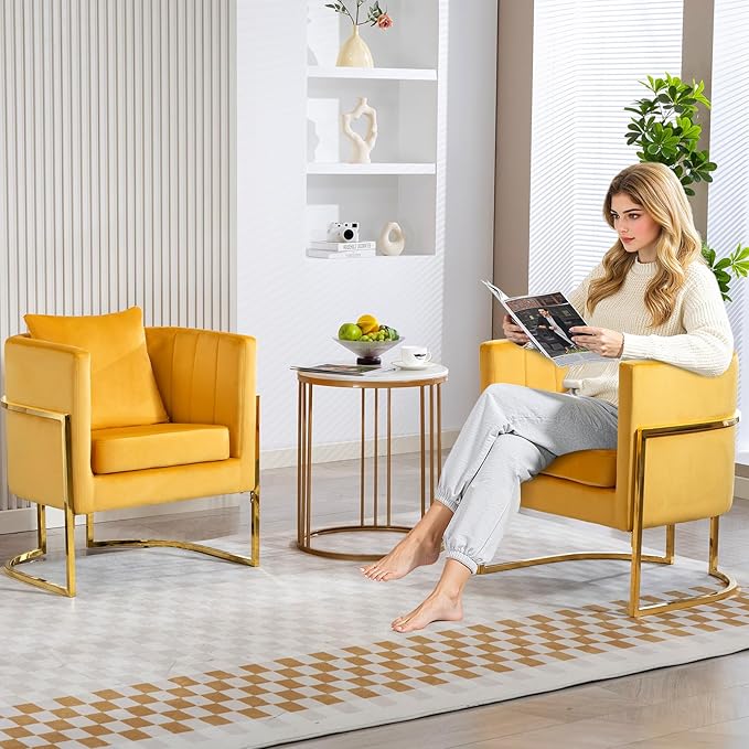 Velvet Modern Accent Chair, Upholstered Barrel Armchair Mid Century with Pillow for Living Room, Comfy Single Vanity Chair with Metal Gold Legs for Bedroom, Yellow
