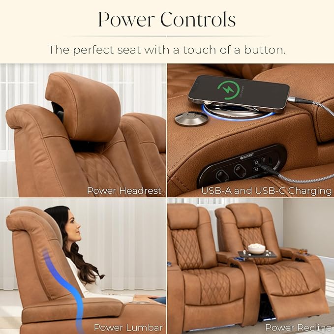 Seatcraft Diamante Zero-Gravity CoolZero Italian Leather Home Theater Seating, Power Headrest, Power Recline, Row of 3, Tawny