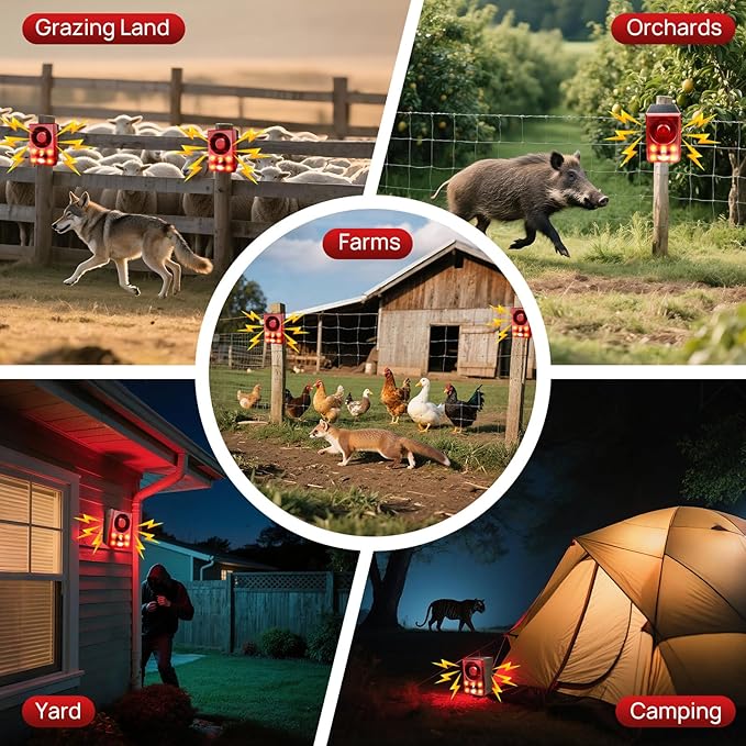 Solar Outdoor Motion Sensor Alarm, Dog Barking&Gunshot Sound,130db Loud Noise Maker,Support Recording,13 Kinds of Sound and Strobe Light to Deter Raccoons, Deer, Skunks, Bears, and Coyotes