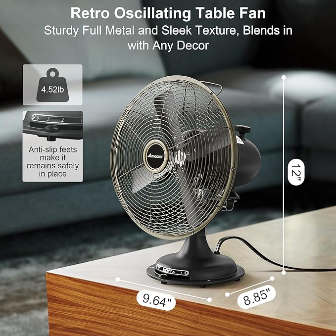 AMACOOL Oscillating Vintage Fan, All Metal 8" Retro Table Top Fan, Adjustable Head Tilt, Quiet 3 Speeds Plug-In Desk Fan for Bedroom Home Office & Kitchen