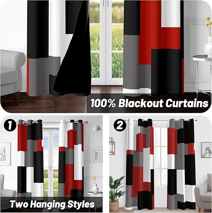 Red Black 100% Blackout Curtains for Bedroom 72 inch Length 2 Panels Set White Grey Modern Abstract Geometric Black Out Curtains Insulated Room Darkening Window Drapes for Living Room, 42Wx72L