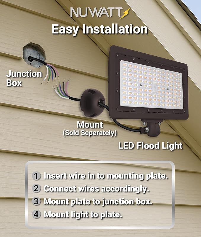 NUWATT 90W LED Flood Light, 3CCT 3000K/4000K/5000K Selectable, IP65 Waterproof Lighting, Adjustable Knuckle Mount, 12600LM, 0-10V Dimmable, 120-277V, Outdoor Security Floodlight for Yard, Bronze, UL