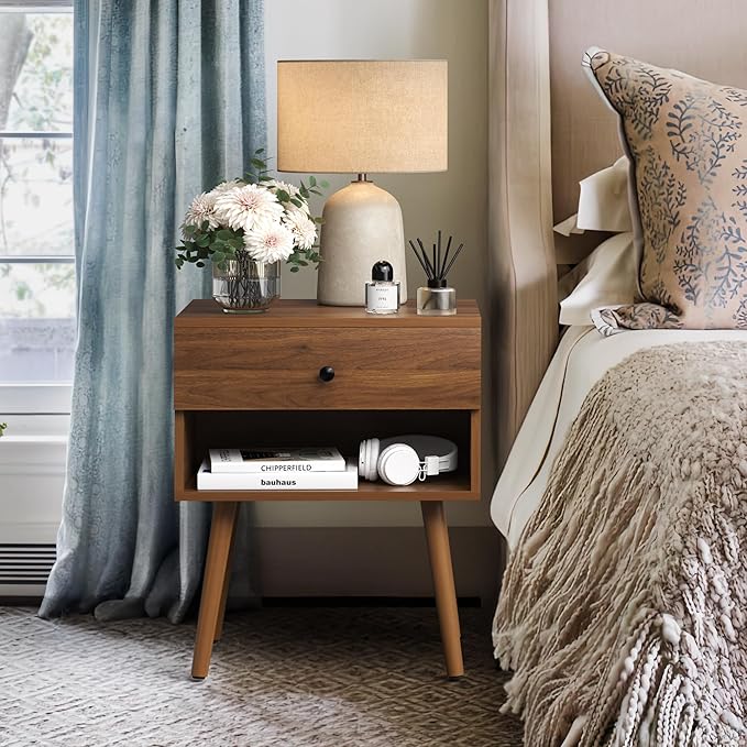 Hidden Compartment Nightstands, Mid Century Modern Concealment Furniture, Bedside Table with Wood Legs, End Table with Storage Drawer for Bedroom (1,Walnut)