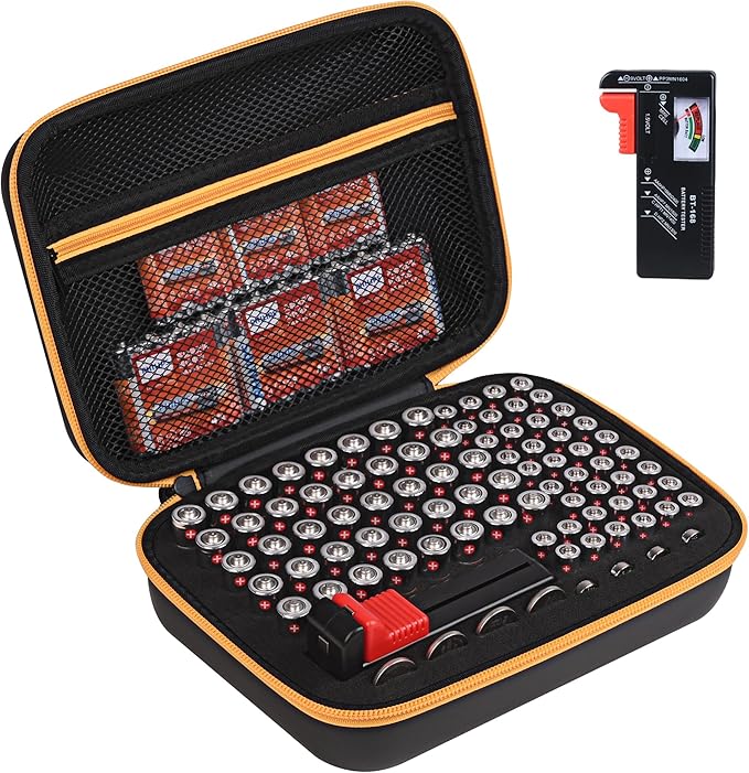 stukcaze Battery Organizer Storage Case with Tester for AA AAA Button Battery Holder Carrying 3 Batteries Variety Pack 88 Batteries Zipper Mesh Bag (Batteries Not Included) (black-orange)
