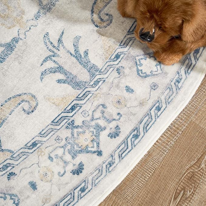 jinchan Round Rug 8ft Area Rug Vintage Floor Mat Kitchen Indoor Ultra-Thin Soft Floral Print Washable Circle 8' Accent for Farmhouse Non Slip Dining Room Living Room Bedroom Office Blue