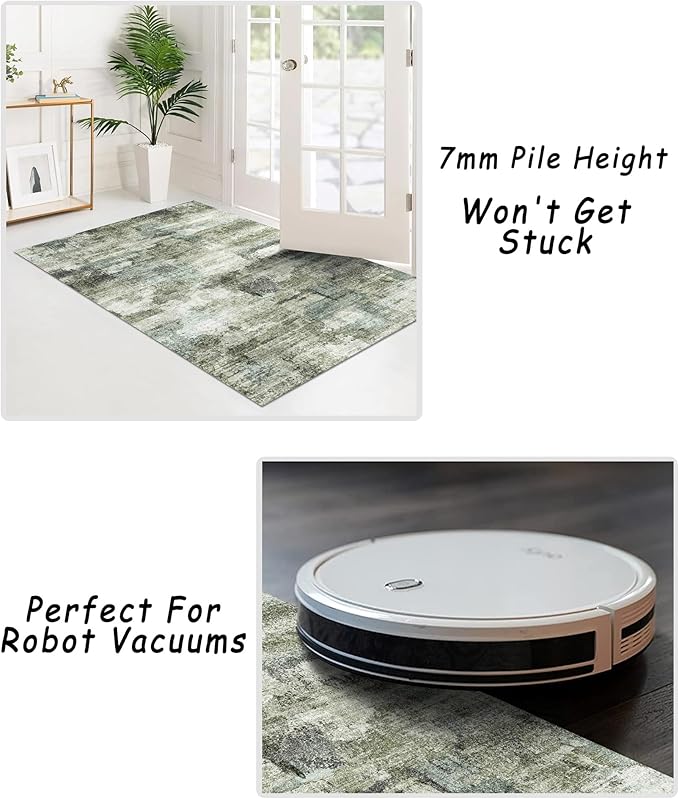 5x7 Area Rugs - Ultra-Thin Washable Rug with Non-Slip Backing, Ideal for Living Room, Bedroom, Kitchen Floor Carpet - Modern Abstract Style, Easy Clean, Durable, Low Pile Green