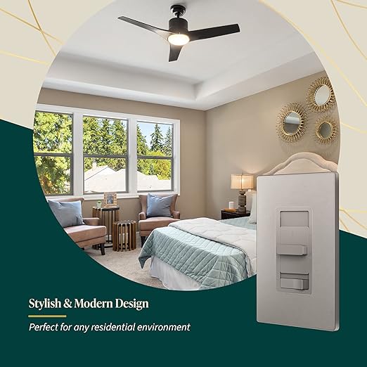 TOPGREENER Kalide Light Switch and 3-Speed Ceiling Fan Control Combo, in Wall Light and Fan Combination Switch, Single Pole, 2.5A, 720W, Neutral Wire Not Required, TGSFS3-NK, Nickel