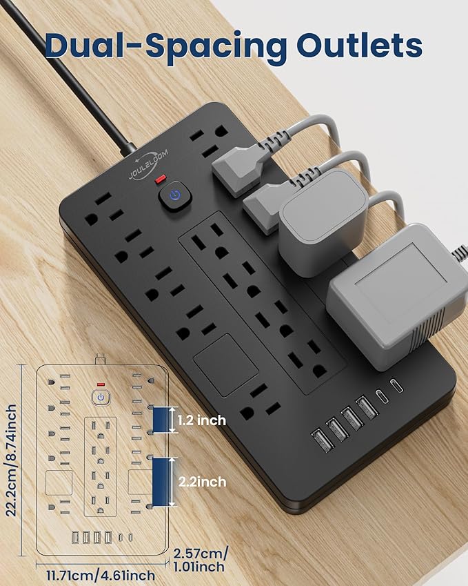 JouleLoom Surge Protector Power Strip-14 Outlets and 6 USB Ports, 10 Feet Flat Plug Extension Cord, 1850 Joules, Black, ETL Listed for Home, Office, Dorm Room