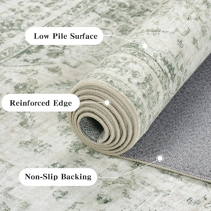 2x6 Hallway Washable Runner Rug Vintage Non-Slip Soft Kitchen Mat Boho Medallion Distressed Farmhouse Carpet Floral Low Pile Indoor Throw Rug for Entryway Bathroom Living Room Bedroom, Green