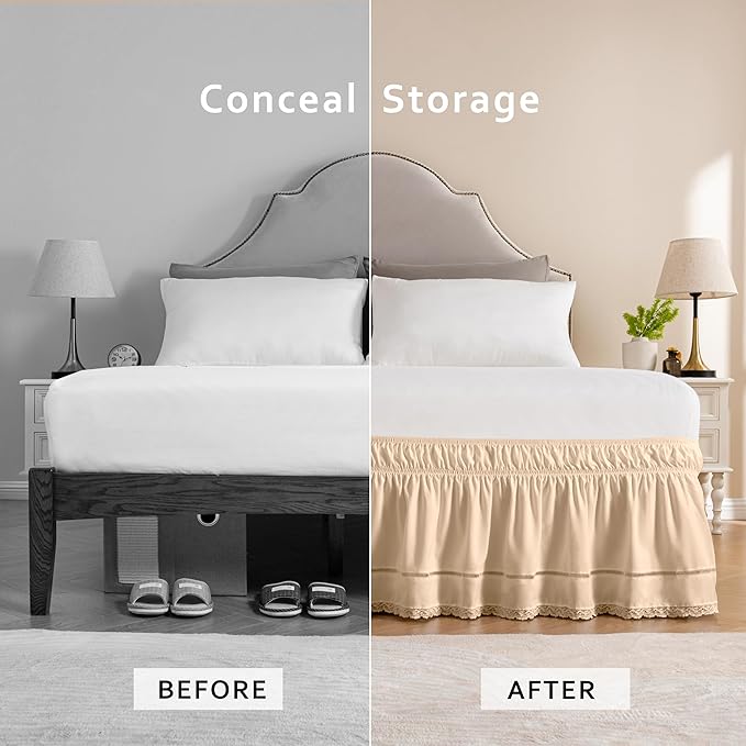 MIYE Wrap Around Ruffled Lace Bed Skirt, Elastic Dust Ruffle with Adjustable Belts, Easy to Put On, Bed Frame Cover, Machine Washable (Floral Lace/Beige, Full/Twin-18 Drop)