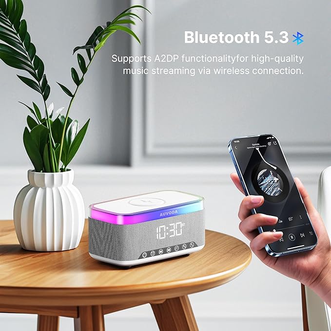 AUVODA S300 Portable Bluetooth Speaker with 15W Fast Wireless Charging, 13-Color Dimmable Night Light, White Noise, Alarm, FM Radio, 16W Stereo, BT5.3, TWS, for Home, Office, Bedroom (White)