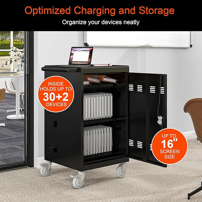 Aokleo Laptop Charging Cart,32 Devices Tablet Storage Carts for Pad Up to 16.3" Screen Size, Classroom Computer Mobile Charging Station for Pads,Chromebooks,Laptops,Security Storage (30+2 Bay-Black)