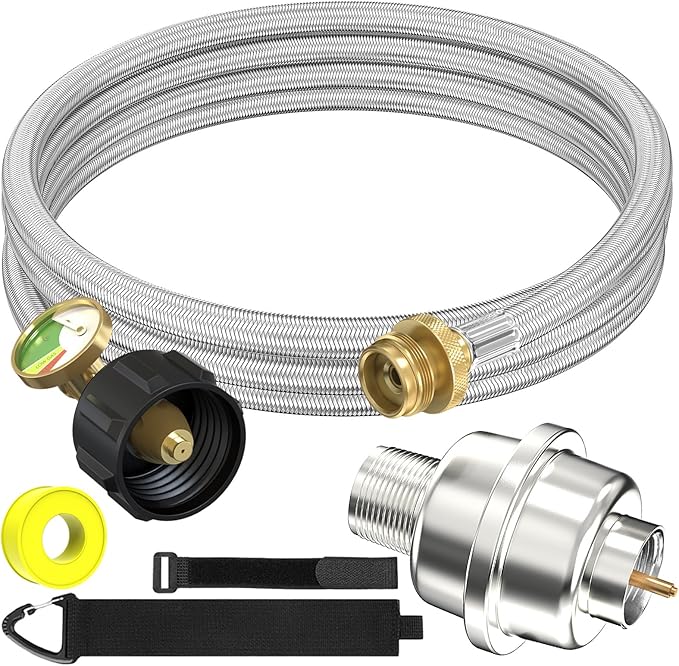 10FT Stainless Braided Propane Adapter Hose with Gauge, Adapter Hose with QCC1/Type1 Adapter Connect 20-45 lb Propane Tank (10FT Extension Hose/Propane Fuel Filter) for Mr Buddy Heater and Big Buddy