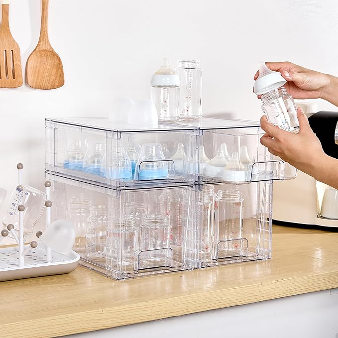 Vtopmart 4 Pack Clear Stackable Storage Drawers,Under Sink and Kitchen Organizers Storage,Easy to Assemble Plastic Drawers for Baby Bottle,Medicine, Bathroom,Cabinet and Pantry Organization