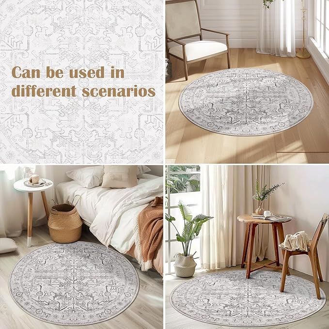 jinchan Lima Round Rug 6ft Vintage Machine Washable Area Rug Indoor Circle 6' Ultra-Thin Non-Slip Floral Print Carpet for Farmhouse Entryway Dining Room Living Room Bedroom Office (6'Round, Taupe)