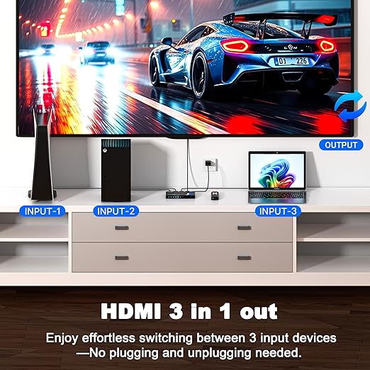 JCHICI HDMI Switch 3 in 1 Out, 4K@60Hz Switcher Splitter, Auto-Switching HDMI 2.0 Switcher with Remote, HDCP 2.2/HDR/3D, Works with PS5/PS4/Switch/Xbox/PC