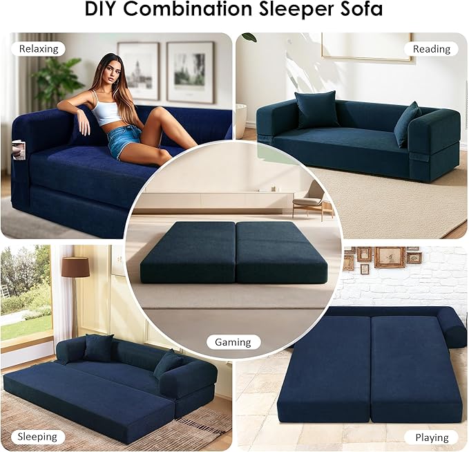80" Convertible Sofa Bed, 3-in-1 Corduroy Folding Pull Out Couch with Pillows, No Assembly Modern Boneless Couch Compression Sofa in Box, Floor Sofa with Side Storage Pocket for Living Room,Navy Blue