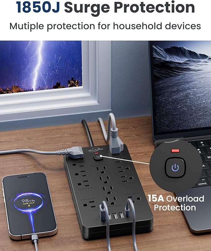 JouleLoom Surge Protector Power Strip-14 Outlets and 6 USB Ports, 10 Feet Flat Plug Extension Cord, 1850 Joules, Black, ETL Listed for Home, Office, Dorm Room