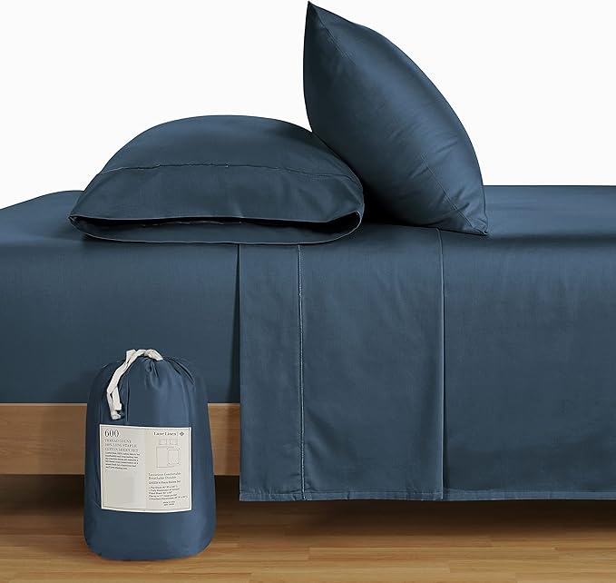 LANE LINEN Queen Bed Sheets - Pemium 600 Thread Count Long Staple 100% Cotton Sheets Queen Size Bed Set, Hotel Luxury Sateen Finish, 15" Deep Pocket Fitted Sheet, Cool & Durable - Denim