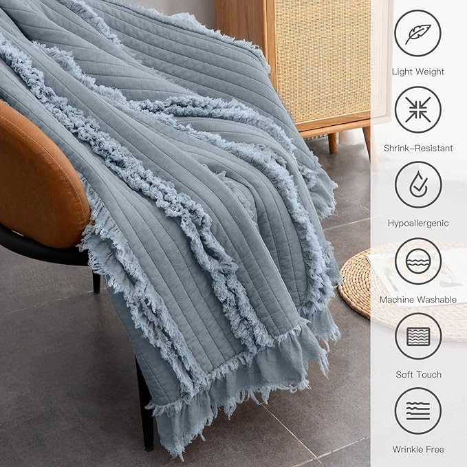 Ultra Soft Pre-Washed Quilted Throw Blanket, Ruffle Fringed Dark Blue Decorative Throw, Stone Washed Chic Rustic Blanket for Sofa Couch Bed Chair, 50"x 60"