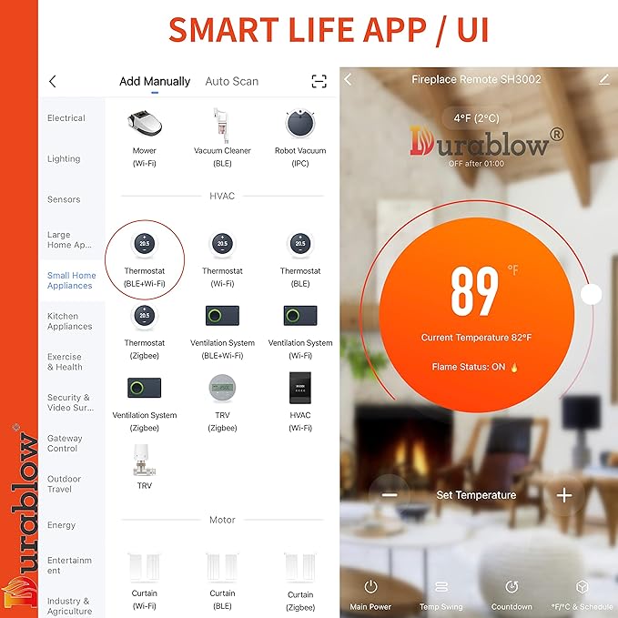 Durablow SH3002D-RH Dual WiFi (2.4G+5G) Smart Home Gas Fireplace Remote Control for Millivolt Valve/IPI, Compatible with Alexa, Google Home (Timer + Thermostat + Programmable + Remote Handset)