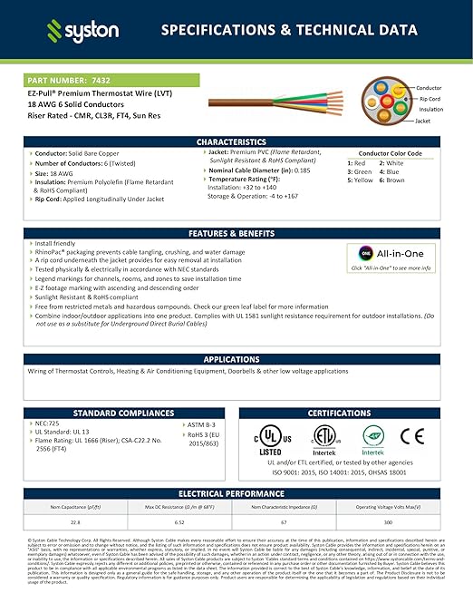 Syston 18/6 Thermostat Doorbell HVAC Heating Control Cable Wire, 18 AWG 6 Conductors 100% Solid Copper Conductors CL3R/FT4/CMR Riser-Rated, UV Resistant RoHS for Low Voltage Applications Use