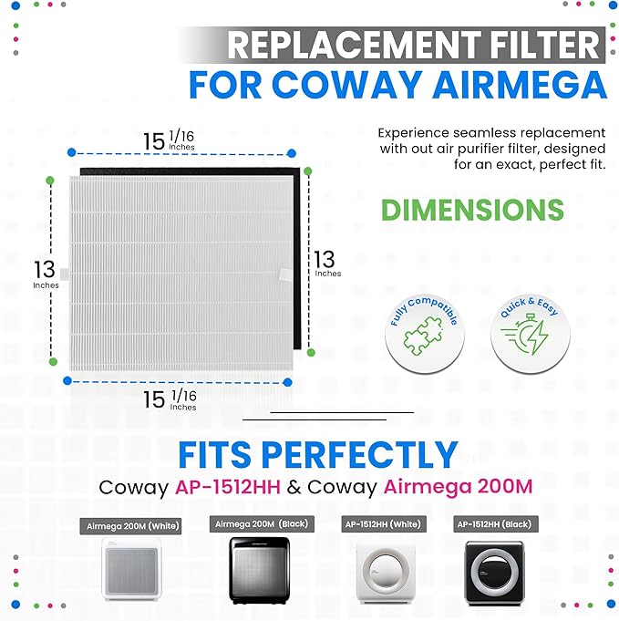 Bagean AP-1512HH Filter Compatible with Coway Airmega AP-1512HH & 200M Air Purifier - Fit Coway Filter Replacement - H13 True HEPA Filters Removes 99.97% particles Freshens the Air (1 HEPA + 2 Carbon)