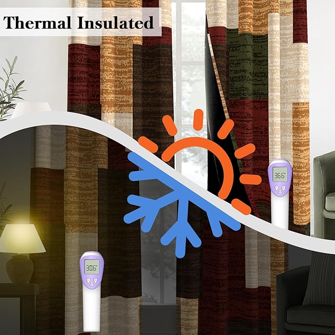Brown Red Vintage 100% Blackout Curtains for Bedroom 84 inch Length 2 Panels Set Modern Abstract Geometric Black Out Curtains Insulated Room Darkening Window Drapes for Living Room, 52Wx84L