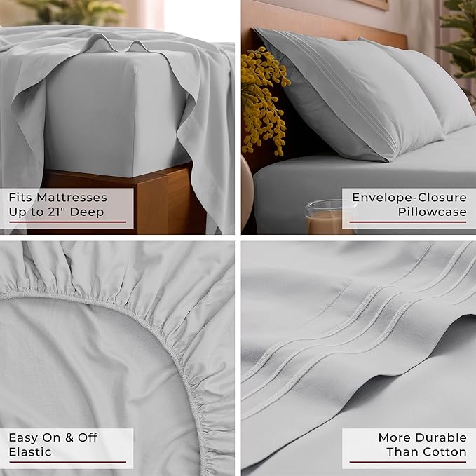 Mellanni California King Sheet Set - 6-Piece Iconic Collection Bedding, (Including 4 Pillowcases), 21-Inch Extra Deep Pocket, Easy Care, Ultra Soft, Cooling Sheets, Brushed Microfiber - Light Gray