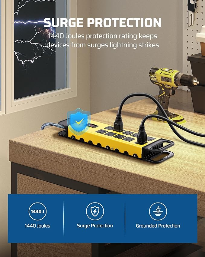 DEWENWILS 10-Outlet Metal Surge Protector Power Strip, UL Listed, 6Ft Cord Flat Plug, 15A Circuit Breaker, 14AWG 1440Joules, Heavy Duty Industrial Power Strip for Garage Workshop, Wall Mountable