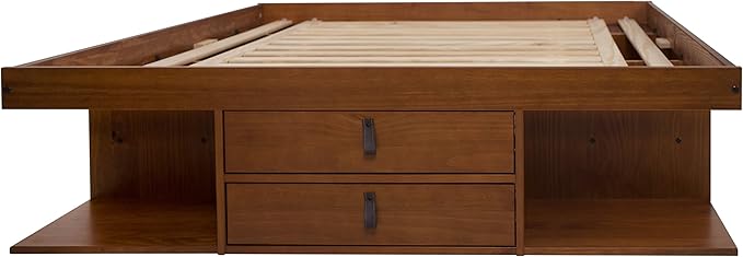 memomad Bali Set: Storage Platform Bed with Drawers + Bookcase Headboard (Queen Size, Caramel Brown Wood)
