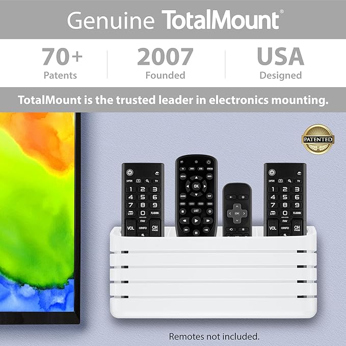 TotalMount Hole-Free Remote Holder – Eliminates The Need to Drill Holes in Your Wall (Premium White – Modern Design for 3 or 4 Remote Controls)