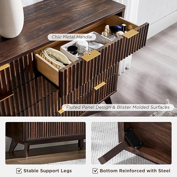 T4TREAM Fluted 8 Drawers Dresser, 54" Wide Modern Chest of Drawers, Curved Profile Design, Dresser TV Stand, Wood Drawer Organizer for Bedroom, Living Room, Hallway, Dark Walnut