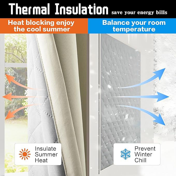 3-in-1 Blackout Curtains Soundproof Noise Reduction Curtains Beige Thermal Insulated Drapes for Winter Elegant Privacy Grommet Curtains for Living Room Bedroom (1 Panel, Beige, 50" x 108")