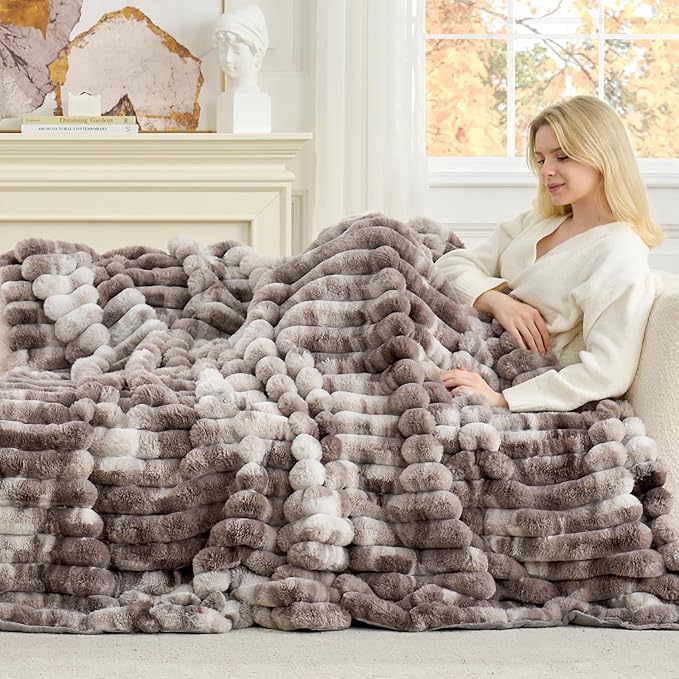 Cozy Bliss Faux Fur Throw Blanket for Couch, Cozy Warm Plush Striped Blanket for Sofa Bedroom Living Room, 60 * 80 Inches Tie-dye Grey