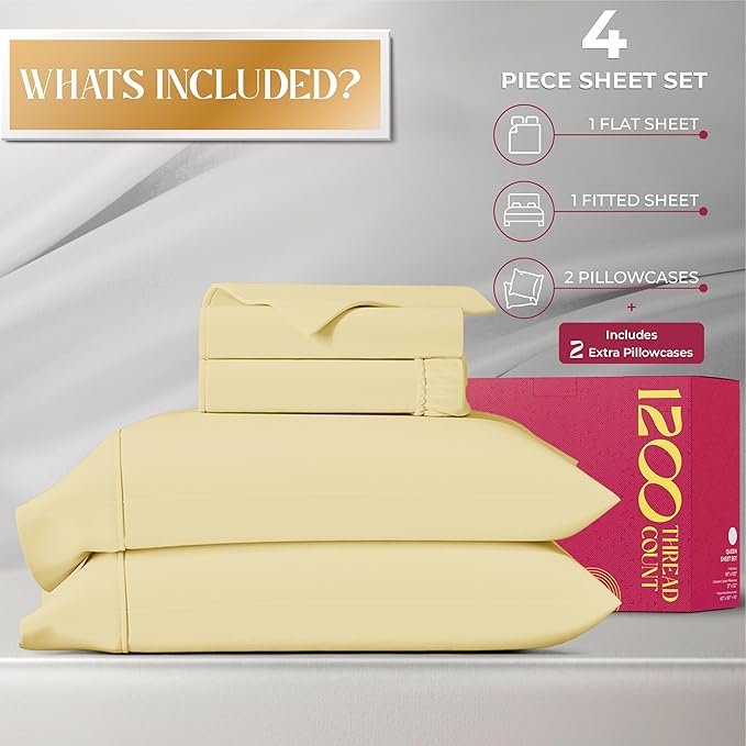 Mayfair Linen 100% Egyptian Cotton Sheets King Size - Luxury 1200 High Thread Count Egyptian Cotton King Size Sheets Set (4 PC, Beige), Silky Soft, Cooling, 17" Deep Pocket Sateen Weave Hotel Bedding