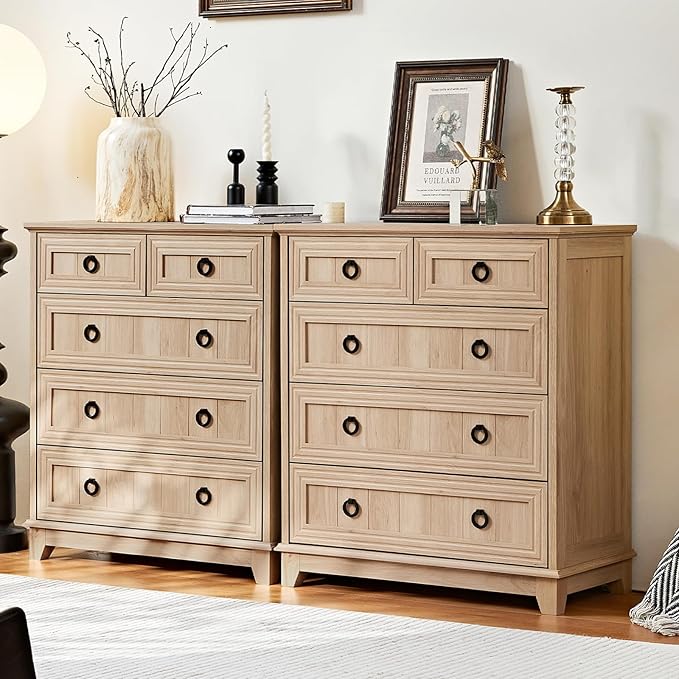 Farmhouse 5 Drawer Dresser for Bedroom Set of 2, 33.2" Tall Small Dressers & Chest of Drawers, Rustic Wood Dresser with Metal Handle, Storage Organizer Closet for Living Room, Hallway,Entryway